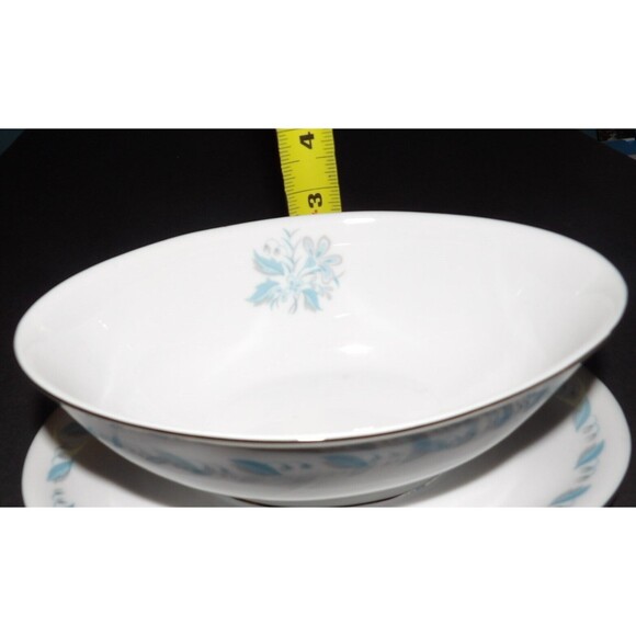 Abalone China Sky Flower Gravy Boat Attached Plate Trimmed in Platinum Vintage - Picture 2 of 6